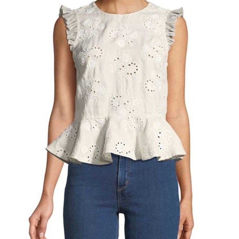 REBECCA TAYLOR Sleeveless Garden-Eyelet Peplum Linen Top‎